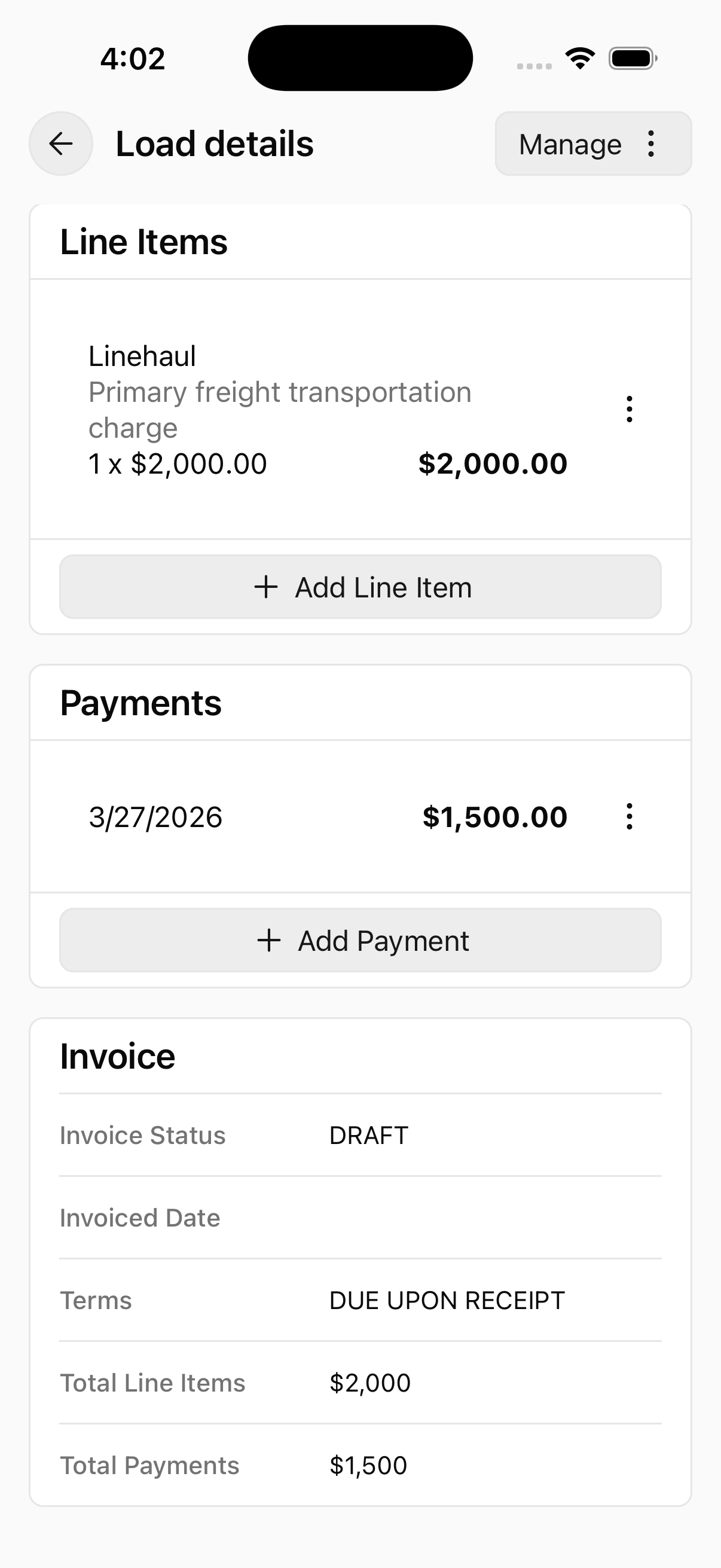 Invoice details showing line items, payment history, and invoice status